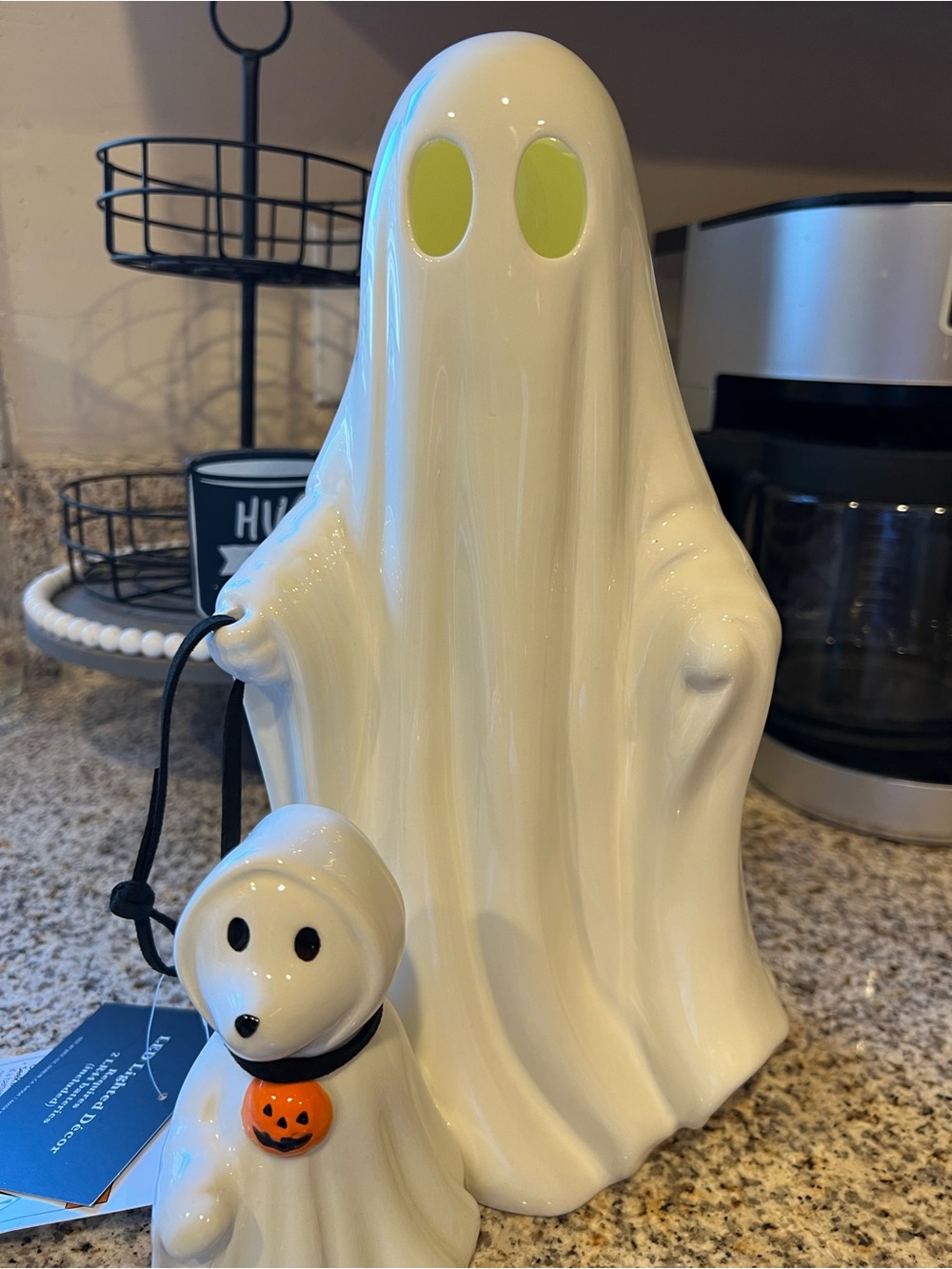 White Ceramic LED Ghost Duo with Pumpkin Charm